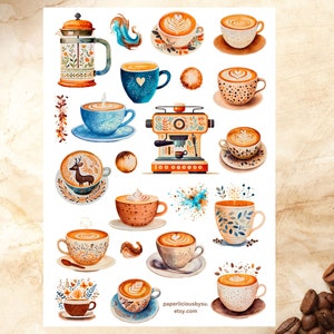 Foglio di adesivi per caffè estetico, adesivi per caffè, amanti del caffè, latte, bar, buongustaio, bevande, adesivi per pianificatore, adesivi per diario, scrapbooking