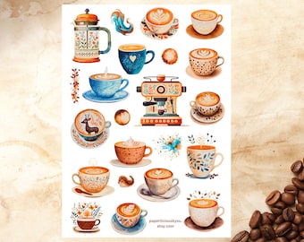 Foglio di adesivi per caffè estetico, adesivi per caffè, amanti del caffè, latte, bar, buongustaio, bevande, adesivi per pianificatore, adesivi per diario, scrapbooking