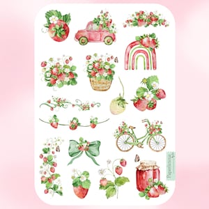 Strawberry Sticker Sheet, strawberry stickers, fruit, plant, botanical, berry, gardening, spring, summer, planner, journal, scrapbooking