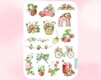 Hoja de pegatinas de fresas, pegatinas de fresas, fruta, planta, botánica, baya, jardinería, primavera, verano, planificador, diario, álbum de recortes