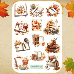 Folha de adesivos de leitura de livros de outono, adesivos de livros, leitor ávido, amante de livros, outono, café, diário de leitura, planejador, diário, scrapbooking