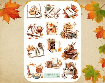 Fall Book Reading Sticker Sheet, book stickers, bookworm, book lover, autumn, coffee, reading journal, planner, journal, scrapbooking