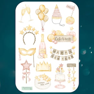 Folha de adesivos de feliz ano novo, adesivos de ano novo, 2025, celebração, festa, adesivos de planejador, diário, scrapbooking, criação de cartões, diário de lixo