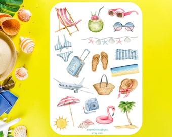 Summer Vacation Sticker Sheet, travel stickers, beach, holiday, tropical, getaway, ocean, sea, planner sticker, bullet journal, scrapbooking