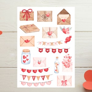Hoja de pegatinas con cartas de amor, pegatinas para el día de San Valentín, amigos por correspondencia, correo postal, corazones, planificador, diario, álbum de recortes, sobre, tarjeta