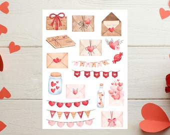 Love Letters Sticker Sheet, Valentine's Day Stickers, pen pal, snail mail, hearts, Planner, Journal, Scrapbooking, Envelope, Card