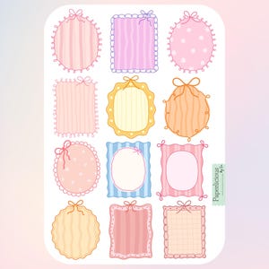 May include: A sheet of colorful, decorative stickers featuring various shapes and patterns. Designs include oval, rectangular, and scalloped frames in pastel pink, purple, yellow, and blue, adorned with bows and striped or dotted textures. The text "Paperlicious by Jen" is visible.