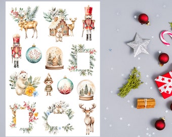 Puede incluir: Una hoja de ilustraciones de acuarela con imágenes de temática navideña, que incluyen un cascanueces, una casa de jengibre, bolas de nieve, un ciervo, un oso polar y un duende navideño. Las ilustraciones son de estilo caprichoso y son perfectas para manualidades o scrapbooking.