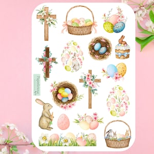 Hoja de pegatinas de Pascua, pegatinas de Pascua en acuarela, conejito de Pascua, huevos de Pascua, primavera, planificador, diario, calendario, sello de sobre, agenda