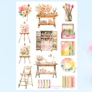 Art Studio stickervel, kunstenaarsstickers, kunstliefhebber, kunstbenodigdheden, schilderen, tekenen, esthetiek, bloemen, planner, dagboek, scrapbooking