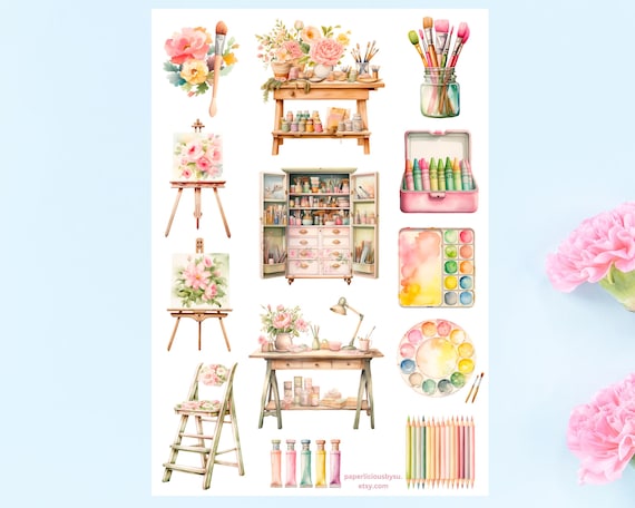 Art Studio Sticker Sheet, artist stickers, art lover, art supplies, painting, drawing, aesthetic, floral, planner, Journal, scrapbooking