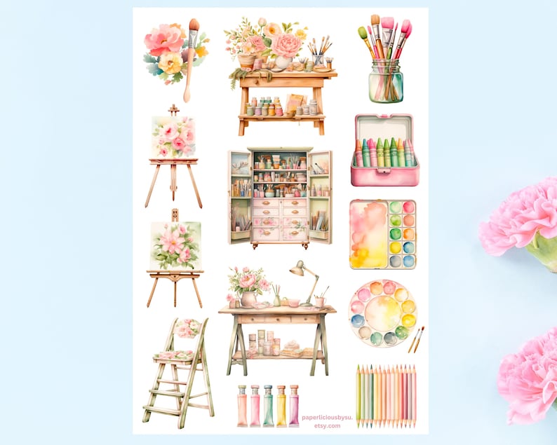 K&ouml;nnte beinhalten: Ein Set mit Aquarell-Stickern mit Kunstbedarf, darunter Staffeleien, Pinsel, Paletten und ein Schrank voller Kunstbedarf. Die Sticker sind perfekt, um Planern, Tageb&uuml;chern und anderen kreativen Projekten einen Hauch von Verspieltheit zu verleihen.