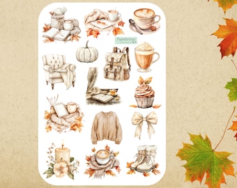 Cozy Fall Sticker Sheet, beige autumn, book stickers, bookworm, book lover, pumpkin, coffee, aesthetic, leaf, planner, journal, scrapbooking