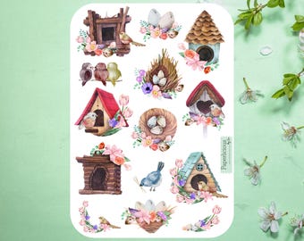 Hoja de pegatinas de pájaros de primavera, pegatinas de pájaros, primavera, casita para pájaros, nido de pájaro, naturaleza, jardín, jardinería, botánica, planificador, diario, álbum de recortes