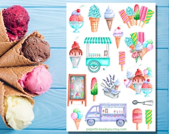 Ice Cream Sticker Sheet, ice cream stickers, popsicle, summer, ice cream parlor, sundae, cold treats, foodie, planner, journal, scrapbook