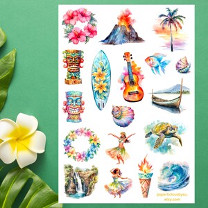 Feuille d'autocollants Hawaii, aloha, Maui, plage, vacances d'été, hibiscus, voyage, tropical, océan, agenda, bullet journal, bujo, scrapbooking