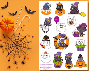 Foglio di adesivi di Halloween con simpatici gatti, foglio di adesivi di Halloween, adesivi con gatti, gattini, zucche, streghe, fantasmi, planner, diario, calendario, bujo