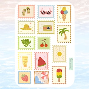 Jolie feuille d'autocollants pour timbres d'été, autocollants d'été, vacances, popsicle, crème glacée, plage, palmier, pastèque, agenda, journal, album