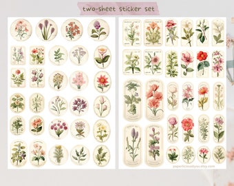 May include: Two-sheet sticker set featuring vintage botanical illustrations. The stickers include various floral designs in oval and rectangular shapes, with a soft, aged paper aesthetic. The text "two-sheet sticker set" is at the top.