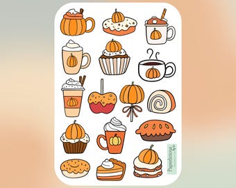 May include: A sticker sheet featuring various fall-themed illustrations. The designs include pumpkin spice lattes, cupcakes, pies, and other autumn treats, all adorned with pumpkins. The color palette is warm, with shades of orange, brown, and white.