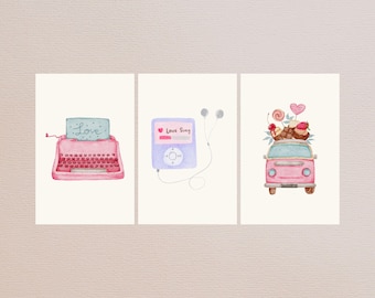 Valentine's Day Postcard Set, Set of 3, Love postcards, Art print, typewriter, greeting cards, aesthetic, penpal, notecards