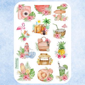 Sommer Sticker Bogen, Sommer Sticker, Hibiskus, Urlaub, Strand, Tropisch, Kurzurlaub, Ozean, Meer, Planer Aufkleber, Journal, Scrapbooking