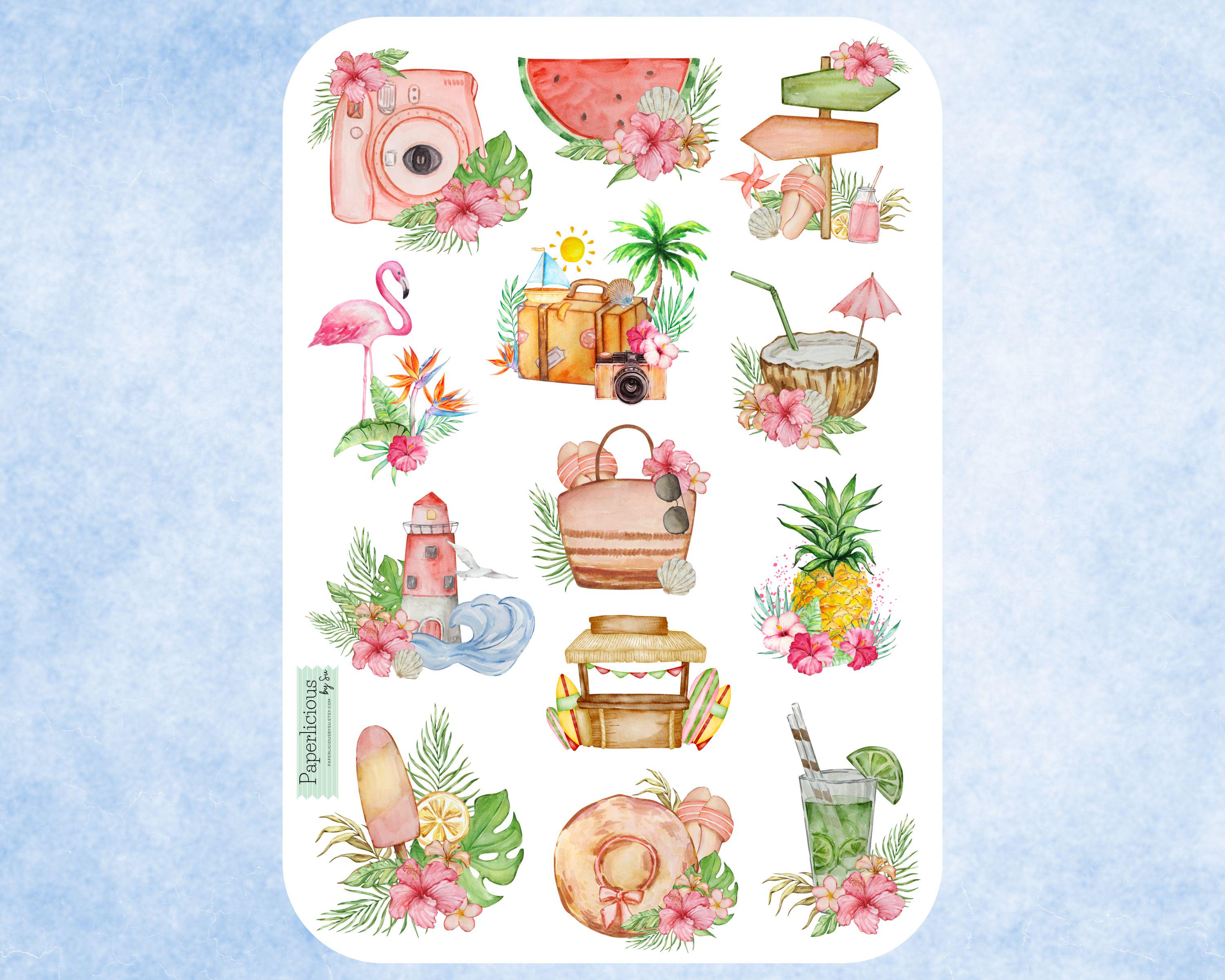 Summer Sticker Sheet, summer stickers, hibiscus, vacation, beach, tropical, getaway, ocean, sea, planner sticker, journal, scrapbooking