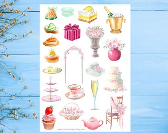 Spring Garden Party sticker sheet, tea party stickers, English tea, afternoon tea, foodie, planner stickers, journal stickers, scrapbooking