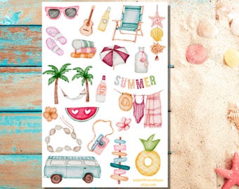 Watercolor summer sticker sheet, cute summer sticker, beach, vacay, ocean, tropical, vacation, planner, bullet journal, bujo, scrapbook