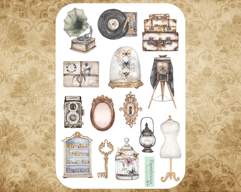 May include: A set of vintage-inspired stickers featuring a gramophone, suitcases, a camera, a birdcage, a key, a mirror, a lamp, a dress form, and a bookshelf. The stickers are painted in watercolor style with muted tones of brown, beige, and green.