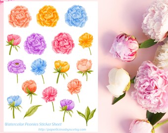 Watercolor Peonies Sticker Sheet, peony sticker, floral sticker, flower, spring, pink, Planner, Bullet Journal, scrapbook, envelope seal