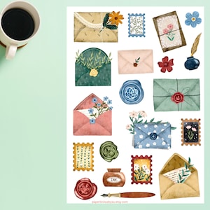 Hoja de pegatinas para escribir cartas, pegatinas de correo feliz, sellos, sellos de cera, amigos por correspondencia, correo postal, planificador, diario, álbum de recortes, sobre, tarjeta