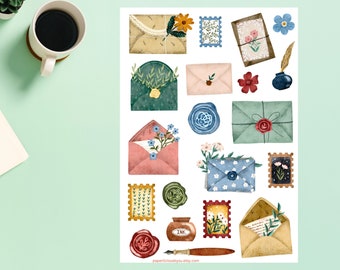 Ark med klistermärken för brevskrivning, klistermärken för glad post, stämplar, vaxsigill, brevvän, snigelpost, planerare, dagbok, scrapbooking, kuvert, kort