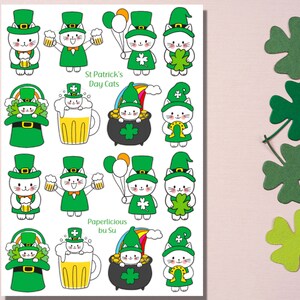 Hoja de pegatinas del día de San Patricio, pegatinas de gato irlandés, mascota, gatito, trébol, duende, planificador de marzo, Bullet Journal, álbum de recortes