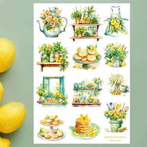 Folha de adesivos de cozinha de primavera, adesivos de cozinha florais, limão, culinária, padeiro, chef, mãe, planejador, diário, bujo, scrapbooking