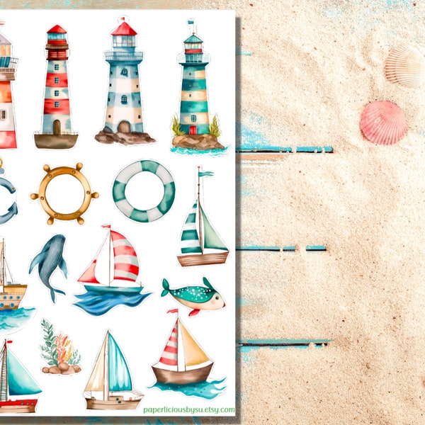 Ocean Sticker Sheet, Nautical stickers, Sea, Ocean, Lighthouse stickers, Ship, Sailboat, Beach, Summer, planner, journaling, scrapbook, bujo