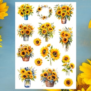 Folha de adesivos de girassol, adesivos de girassol, flor, buquê, adesivos estéticos, planta, botânico, planejador, diário, scrapbooking, bujo