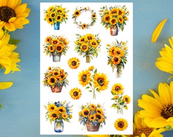 Sunflower Sticker Sheet, sunflower stickers, flower, bouquet, aesthetic stickers, plant, botanical, planner, Journal, scrapbooking, bujo