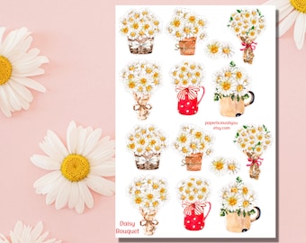 Daisy Bouquet Sticker Sheet, daisy stickers, spring, plant, aesthetic sticker, floral, flower, nature, planner, journal, scrapbook, bujo