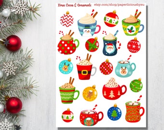 Cute Hot Cocoa and Christmas Ornament Sticker Sheet, Christmas stickers, holiday stickers, xmas, cozy winter,Planner, Bullet Journal, Bujo