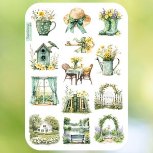 May include: A sticker sheet with watercolour illustrations of garden scenes. It features a straw hat with a green bow, a birdhouse, a watering can, a table setting, a window with curtains, and a white house.