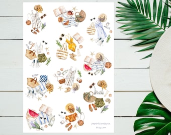 Watercolor summer vacation scene sticker sheet, summer sticker, beach, vacay, ocean, tropical, vacation, planner, bullet journal, scrapbook