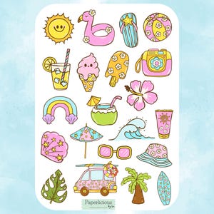 Pastel Summer Sticker Sheet – Cute Summer Stickers for Planners, Journals, Beach Vibes, Vacation, Ice Cream, Sun, Pool, Scrapbooking