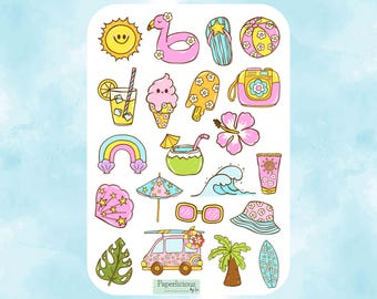 Pastel Summer Sticker Sheet – Cute Summer Stickers for Planners, Journals, Beach Vibes, Vacation, Ice Cream, Sun, Pool, Scrapbooking