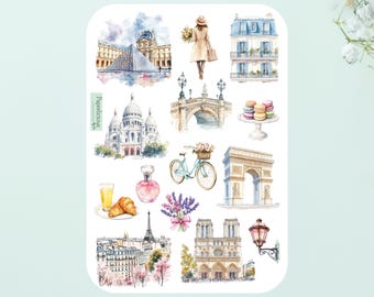 Hoja de pegatinas de París: pegatinas estéticas de viajes a Francia, Torre Eiffel, cruasán, vacaciones, Europa, agendas, diarios de viaje, scrapbooking
