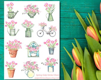 Lente Tulp Sticker Sheet, tulpen sticker, bloemen stickers, tulpen boeket, lente stickers, tuin, Planner, Bullet Journal, plakboek,