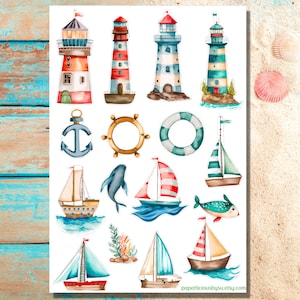 Ocean Sticker Sheet, Nautical stickers, Sea, Ocean, Lighthouse stickers, Ship, Sailboat, Beach, Summer, planner, journaling, scrapbook, bujo