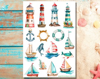 Ocean Sticker Sheet, Nautical stickers, Sea, Ocean, Lighthouse stickers, Ship, Sailboat, Beach, Summer, planner, journaling, scrapbook, bujo