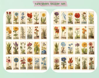 Autocollants d'étiquettes florales vintage, 2 feuilles, étiquettes florales de journal indésirable, botanique, plante, esthétique, agenda, journal, scrapbooking