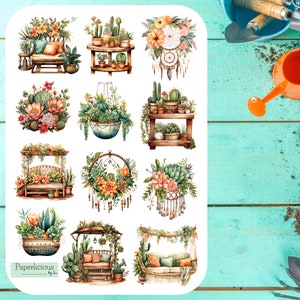 Hoja de calcomanías de jardín bohemio, calcomanías de jardinería, plantas, cactus, jardín, suculentas, botánica, amantes de las plantas, planificador, Bullet Journal, álbum de recortes